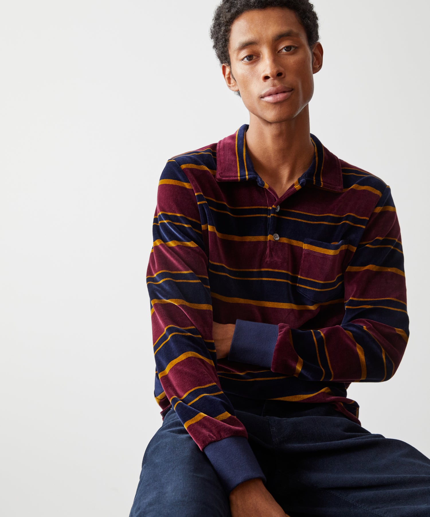 Wide Stripe Velour Polo in Vintage Plum