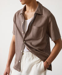 Linen Mesh Full-Placket Polo in Vintage Brown