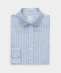 Banker Stripe Linen Spread Collar Dress Shirt in Blue