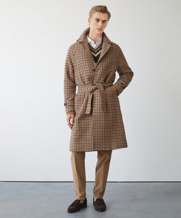 Italian Belted Balmacaan in Tan Houndstooth