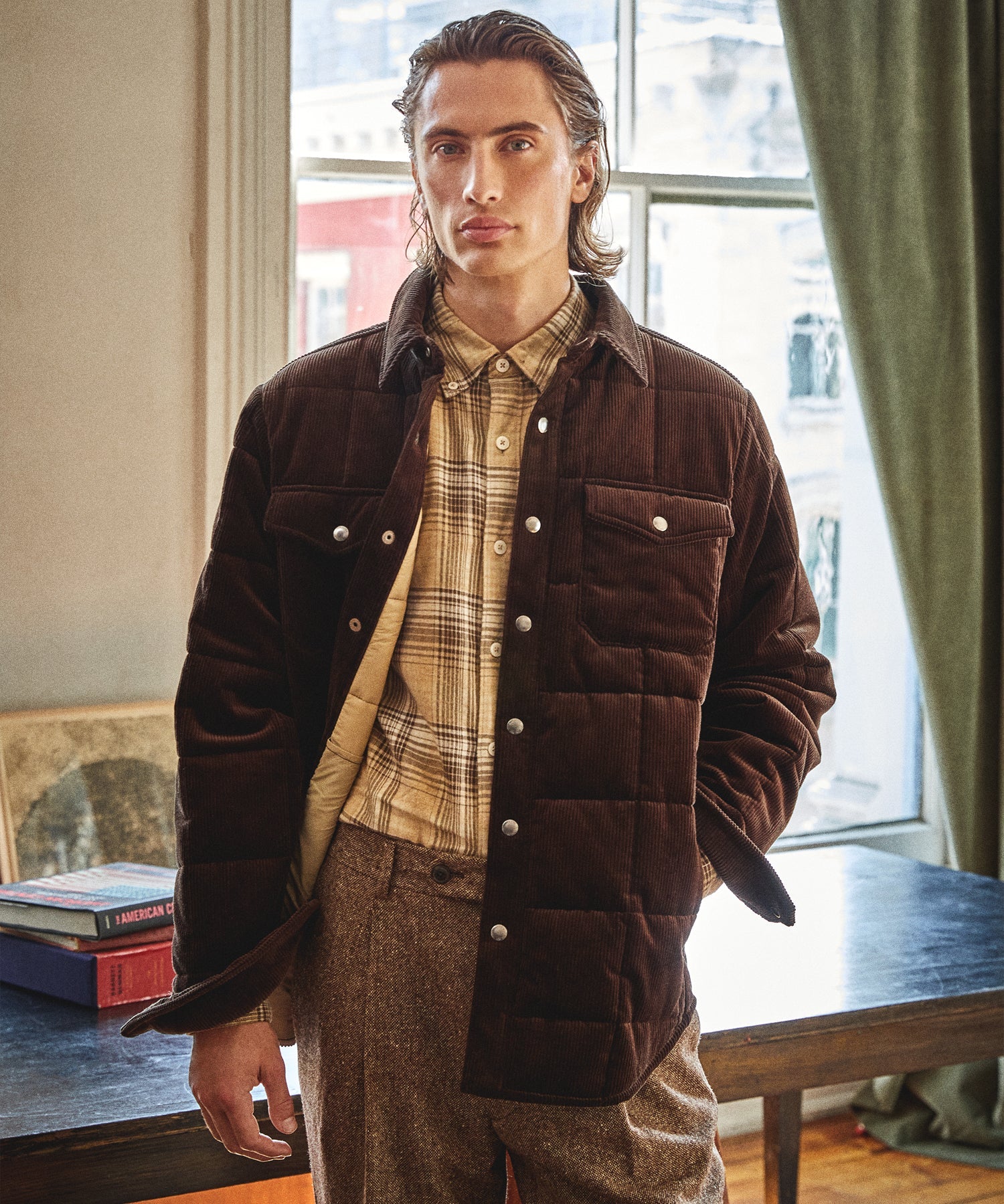 Italian Corduroy Quilted Shirt Jacket in Chocolate